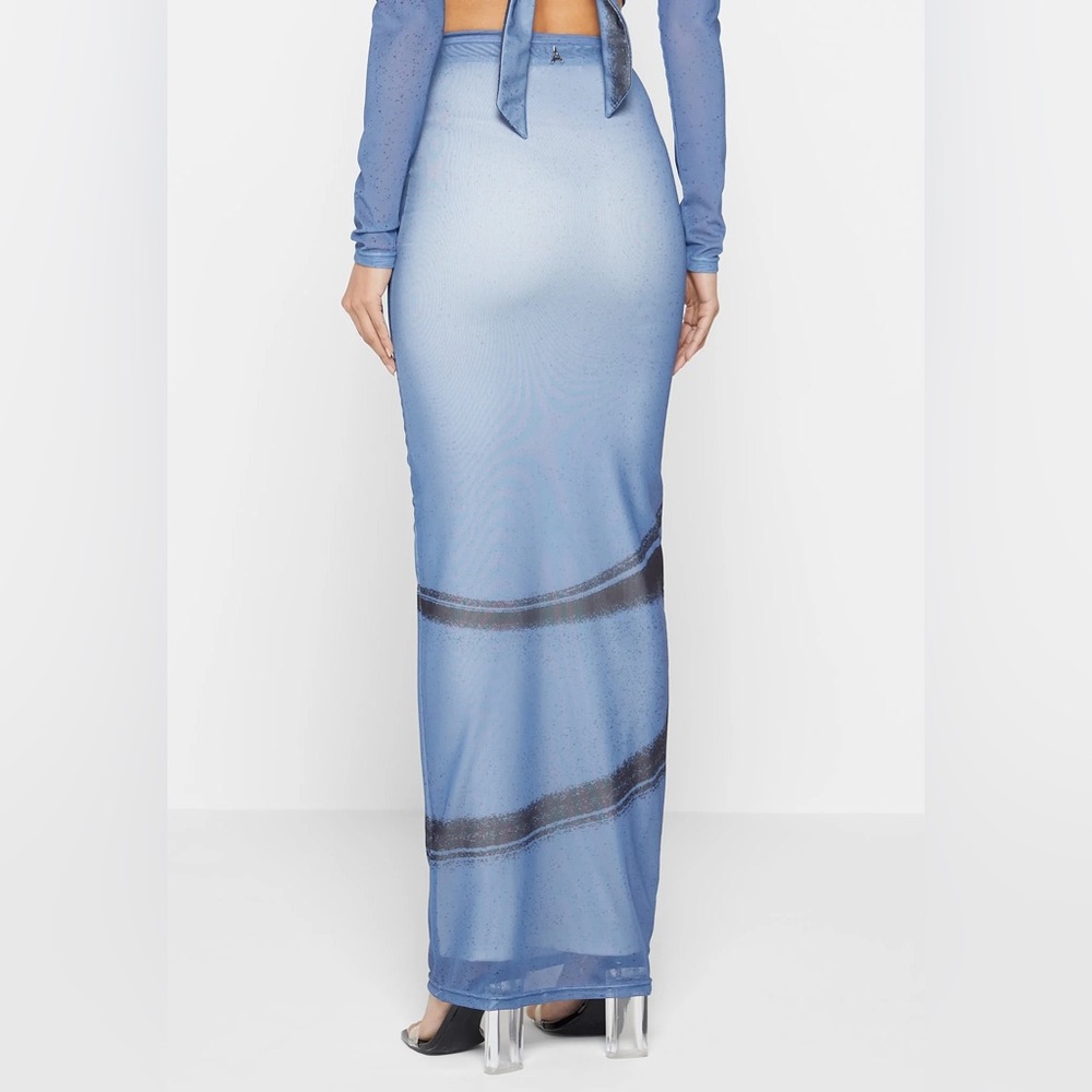 Maniere De Voir Blue and Black Mesh Corset Maxi Skirt Set - Picture 4 of 10